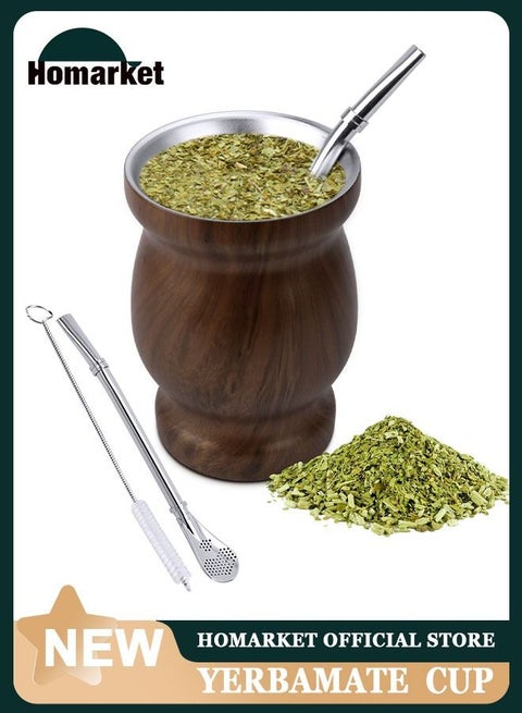 كوب شاي يربا مات ، كوب عازل منزلي مزدوج الجدار سهل الغسل من الفولاذ المقاوم للصدأ ، قرع ماتي لشرب أوراق الشجر السائبة مع قش بومبيلا ، لون الخشب ، 230 مل