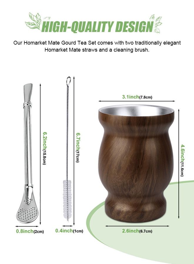 كوب شاي يربا مات ، كوب عازل منزلي مزدوج الجدار سهل الغسل من الفولاذ المقاوم للصدأ ، قرع ماتي لشرب أوراق الشجر السائبة مع قش بومبيلا ، لون الخشب ، 230 مل