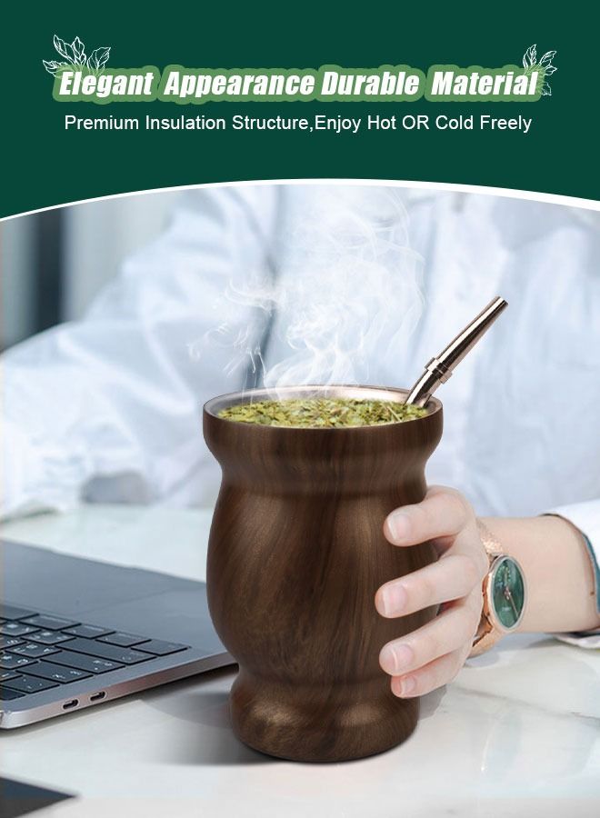 كوب شاي يربا مات ، كوب عازل منزلي مزدوج الجدار سهل الغسل من الفولاذ المقاوم للصدأ ، قرع ماتي لشرب أوراق الشجر السائبة مع قش بومبيلا ، لون الخشب ، 230 مل