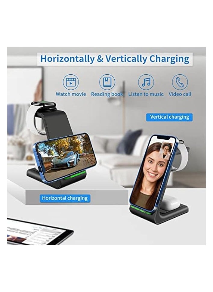 YOCUNKER - Wireless Charger iPhone, 3 in 1 Qi Fast Wireless Charging Station Stand Dock for Multiple Devices Apple Watch Series 7/SE/6/5/4/3/2, Airpods 3/Pro/2,iPhone 14/13/12/11 Pro Max/X/XR (Black) - Image 1