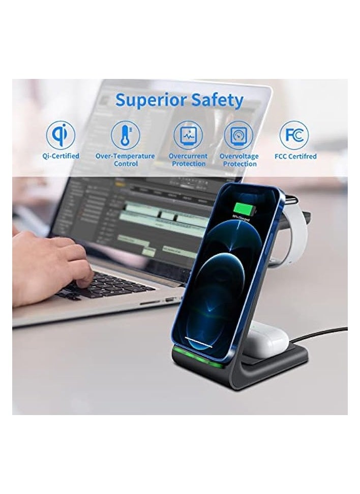 YOCUNKER - Wireless Charger iPhone, 3 in 1 Qi Fast Wireless Charging Station Stand Dock for Multiple Devices Apple Watch Series 7/SE/6/5/4/3/2, Airpods 3/Pro/2,iPhone 14/13/12/11 Pro Max/X/XR (Black) - Image 1