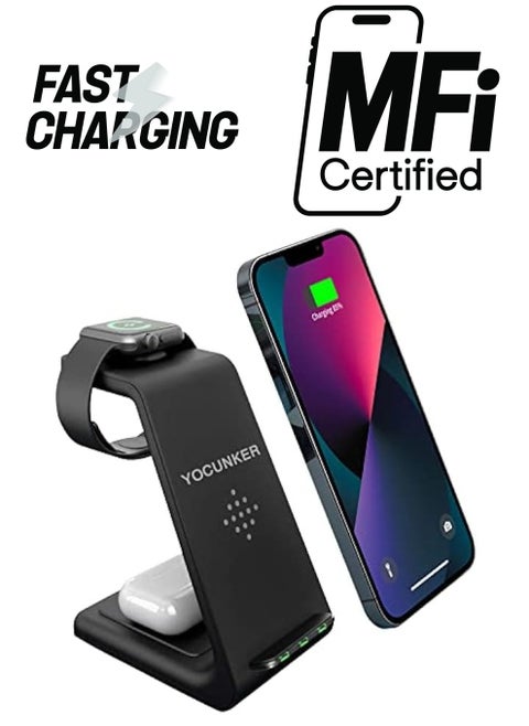 Wireless Charger iPhone, 3 in 1 Qi Fast Wireless Charging Station Stand Dock for Multiple Devices Apple Watch Series 7/SE/6/5/4/3/2, Airpods 3/Pro/2,iPhone 14/13/12/11 Pro Max/X/XR (Black)