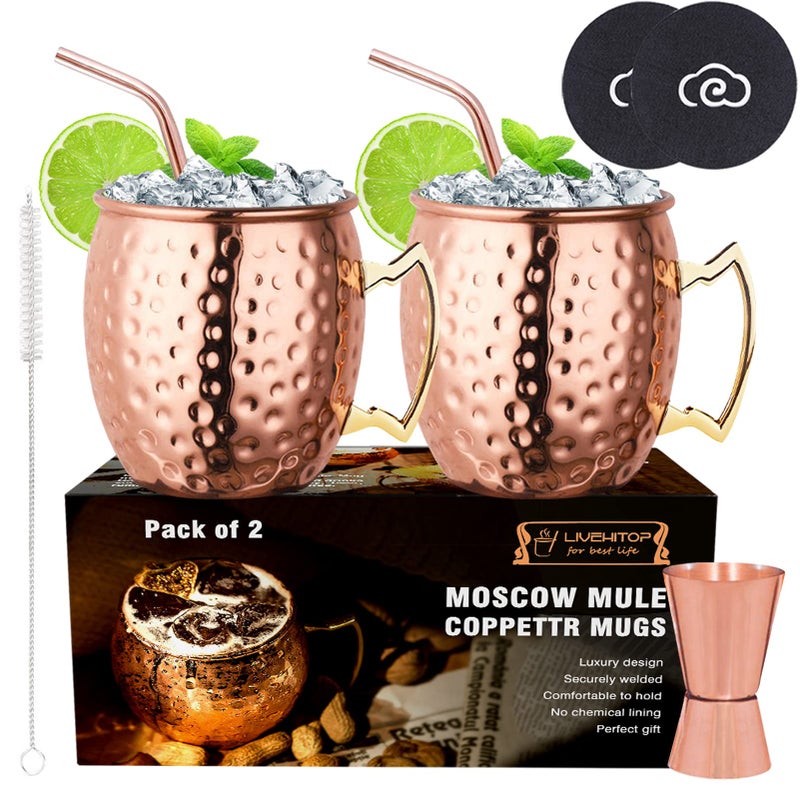 LIVEHITOP Moscow Mule Copper Mugs Set of 2 195 Oz Handcrafted Copper Cups Stainless Steel Lining with Jigger Straws Brush Coasters for Party Bar Gift