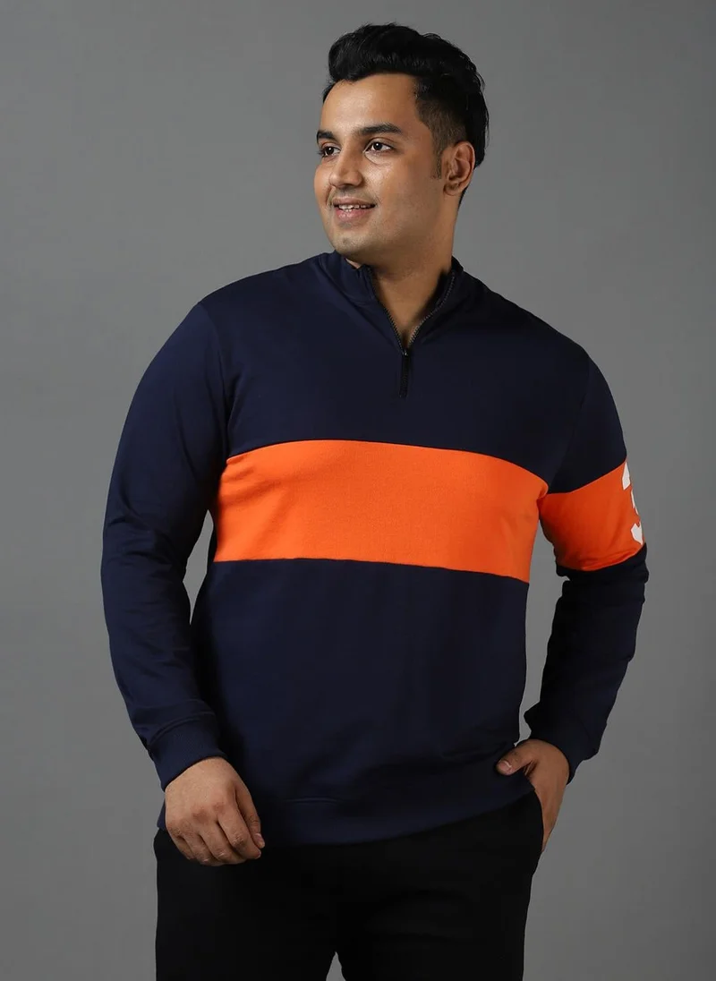 Urbano Plus Men's Dark Blue Cotton Color Block Round Neck Sweatshirt