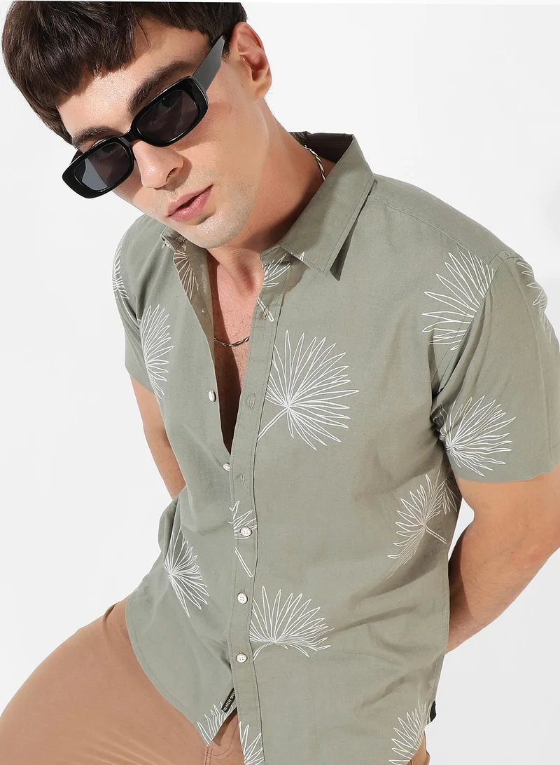Campus Sutra Men's Sage Green Printed Regular Fit Casual Shirt