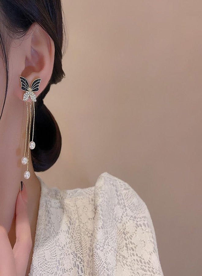 MEENAZ Earrings For Women & Girls Stylish | Butterfly Long Chain Western Korean Earrings Set for Women Pearl Moti Accessories Aesthetic | Fashion American Diamond AD CZ Gold Stud earinging 58 - Image 4