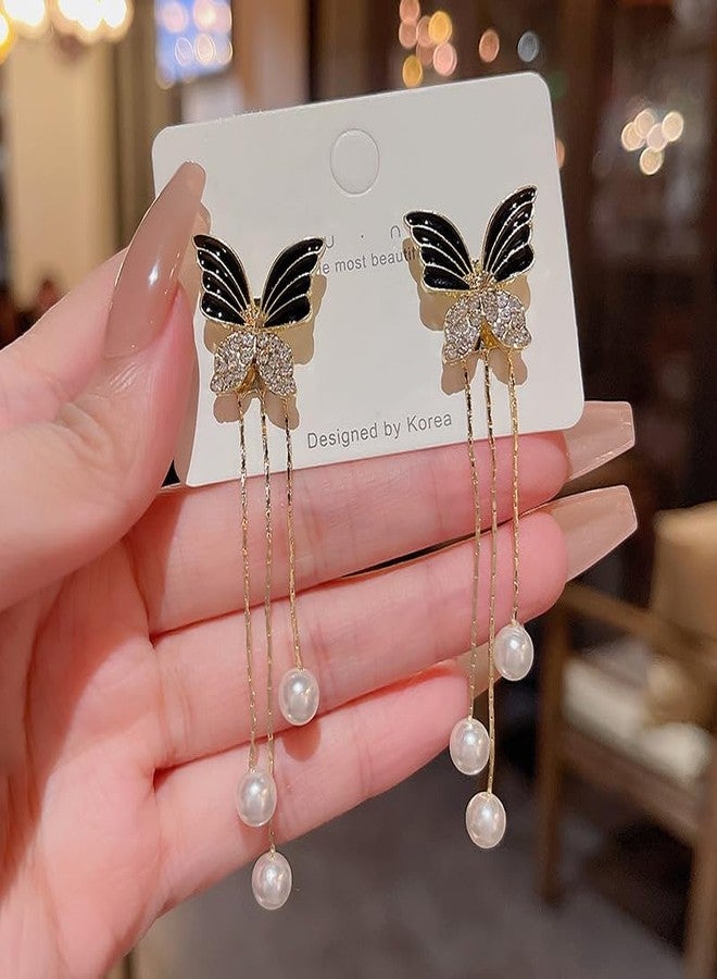 MEENAZ Earrings For Women & Girls Stylish | Butterfly Long Chain Western Korean Earrings Set for Women Pearl Moti Accessories Aesthetic | Fashion American Diamond AD CZ Gold Stud earinging 58 - Image 5