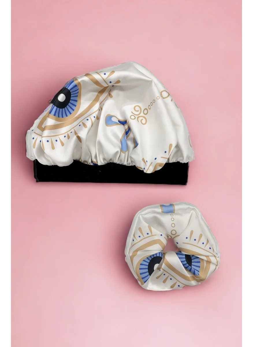 Pistore White Eye Patterned Satin Bonnet, Pillow and Buckle Set for Curly Hair