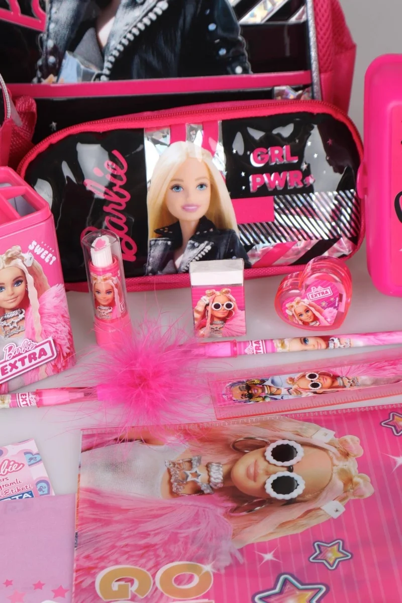 باربي Dekomus with New Season Licensed Girl Power Kindergarten, Lunch and Pencil Bag with 500 ml Water Bottle, Lunch Box Full Stationery Set