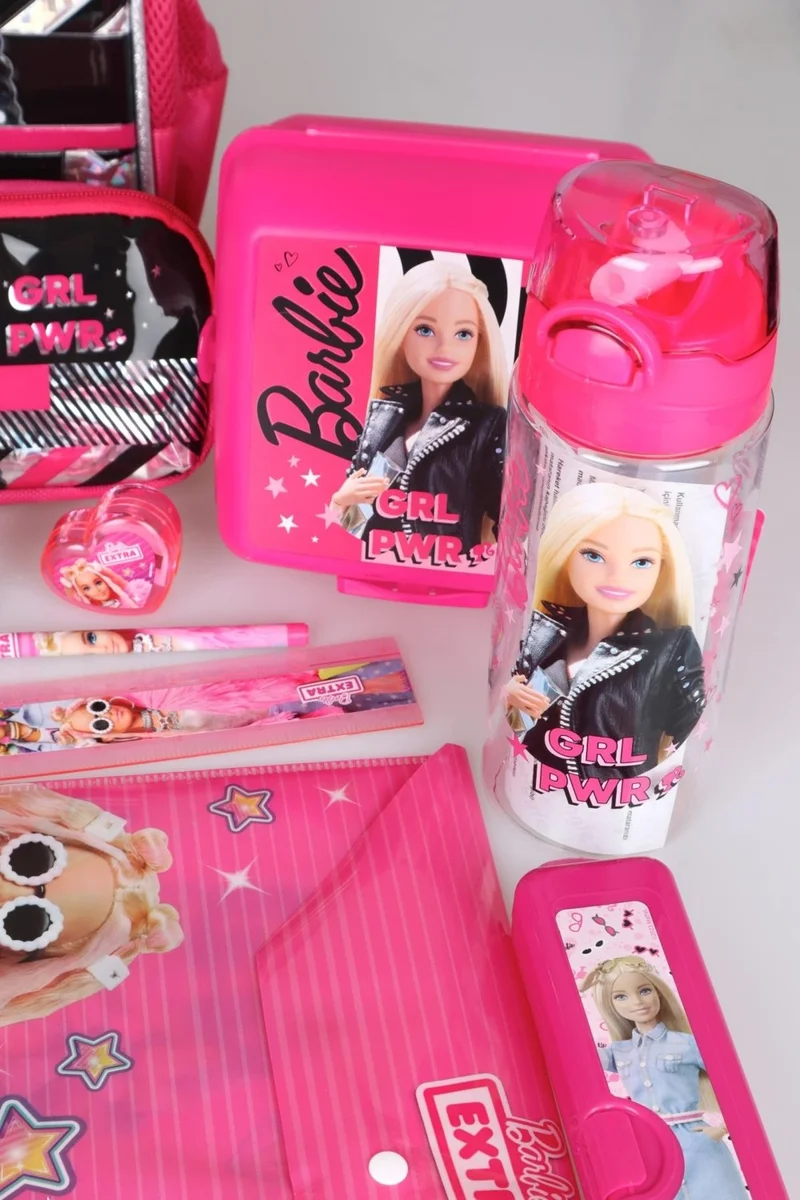 باربي Dekomus with New Season Licensed Girl Power Kindergarten, Lunch and Pencil Bag with 500 ml Water Bottle, Lunch Box Full Stationery Set