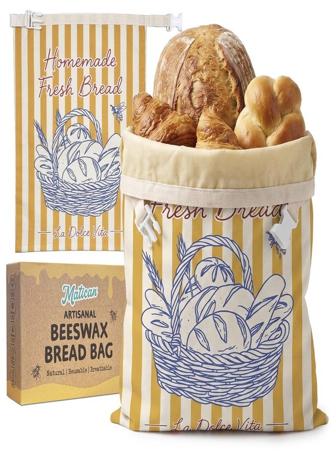 MATICAN Beeswax Bread Bags for Homemade Bread & Sourdough, 2-Pack XL Eco-Friendly Natural Cotton Food Storage Bags, 12.6 x 16.9 Inches, Rustic Bakery Stipres - Image 1