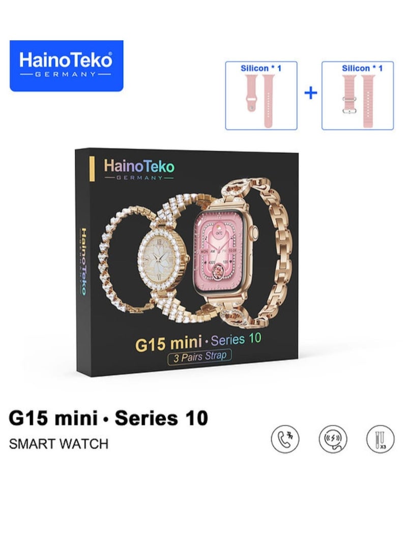 Haino Teko Smart Watch G15 Mini for Women with Bracelet of Golden Embroidered and An Additional Bracelet and Watch and 2 Silicone Strap  - Image 1