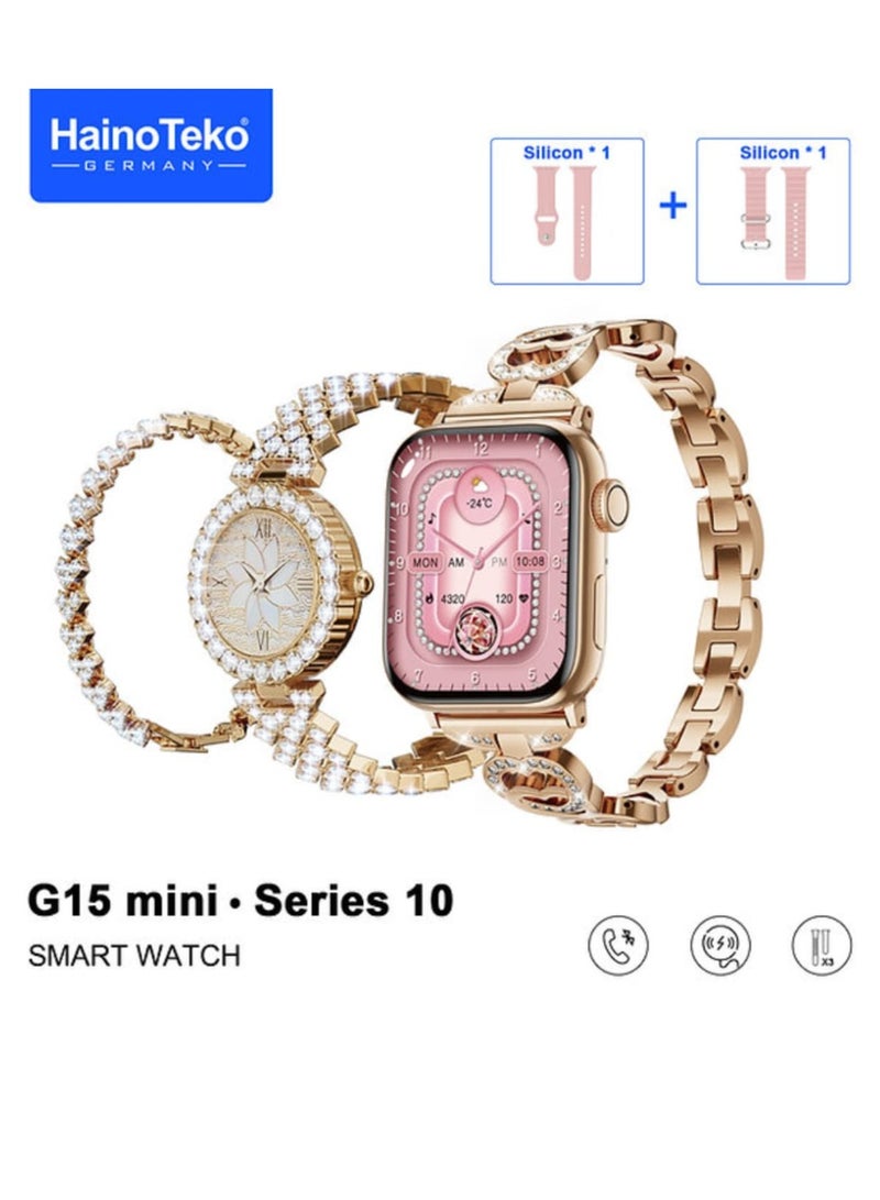 Haino Teko Smart Watch G15 Mini for Women with Bracelet of Golden Embroidered and An Additional Bracelet and Watch and 2 Silicone Strap  - Image 2