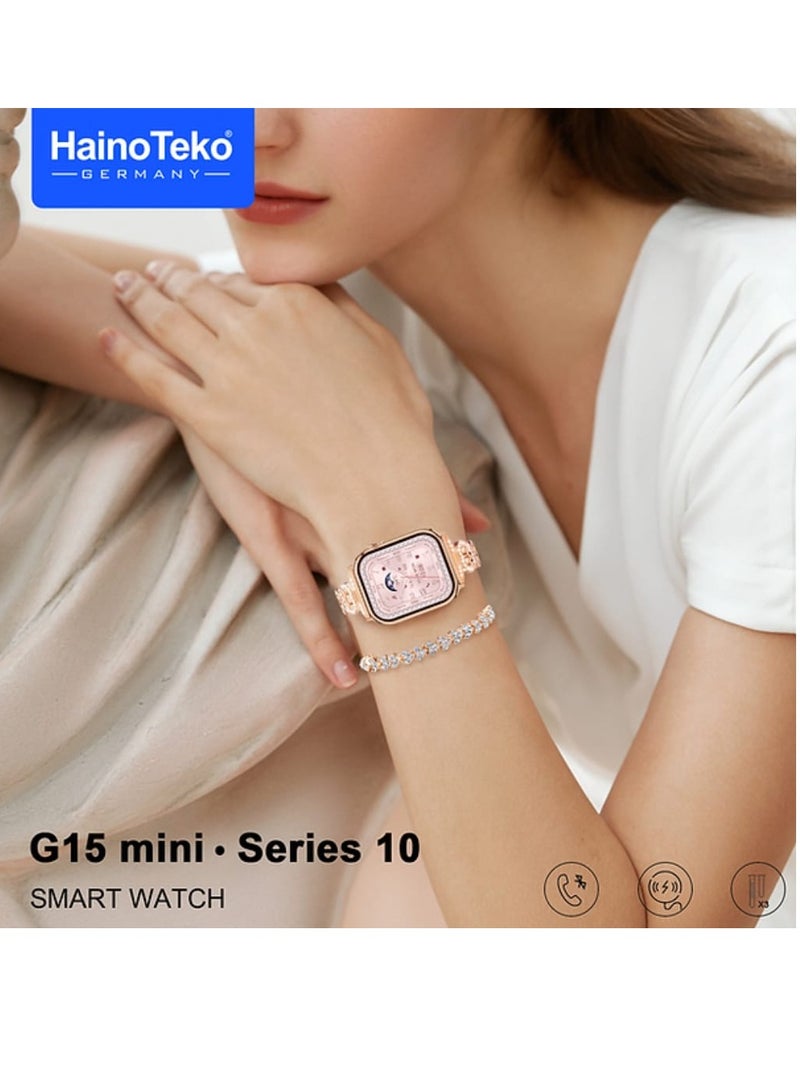 Haino Teko Smart Watch G15 Mini for Women with Bracelet of Golden Embroidered and An Additional Bracelet and Watch and 2 Silicone Strap  - Image 3