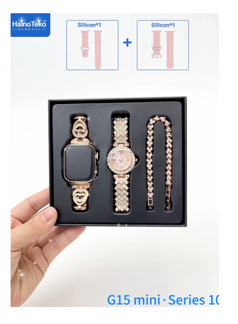 Haino Teko Smart Watch G15 Mini for Women with Bracelet of Golden Embroidered and An Additional Bracelet and Watch and 2 Silicone Strap  - Image 4