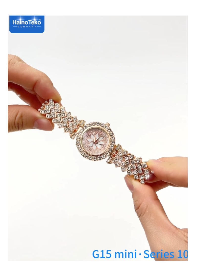 Haino Teko Smart Watch G15 Mini for Women with Bracelet of Golden Embroidered and An Additional Bracelet and Watch and 2 Silicone Strap  - Image 5