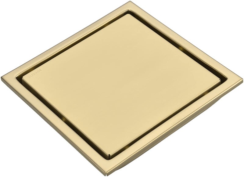 TRUSTMI 6 Inch Square Invisible Bathroom Shower Floor Drain with Removable Tile Insert Grate Cover Brushed Gold SUS 304 Stainless Steel