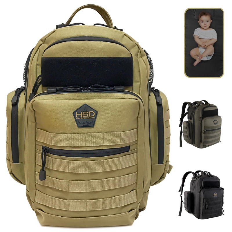 HighSpeedDaddy HighSpeedDaddy Original Baby Diaper Backpack MilitaryGrade Waterproof Baby Travel Bag for Dads Moms LayFlat Design with Stroller Straps Tablet Sleeve Rubber Feet 32L capacity Brown 