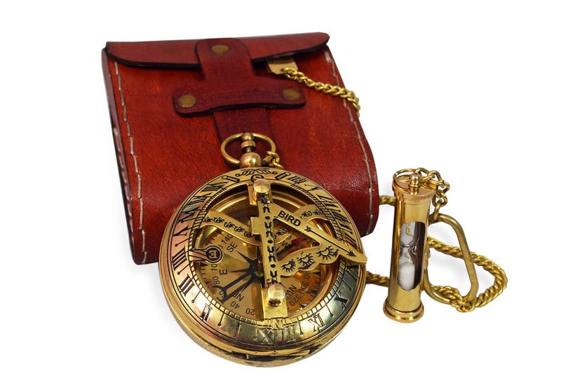 BAZROSS Handcrafted Vintage Brass Sundial Compass â€“ Antique Nautical Sun Clock with Leather Case â€“ Engraved Collectible Brass Compass Gift for Men - Nautical Gifts for Men, Best Anniversary Vintage Gifts - Image 1