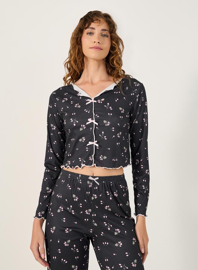 Styli All Over Print Ribbed Top and Pyjama Pants Set with Lettuce Edge Hem  - Image 2