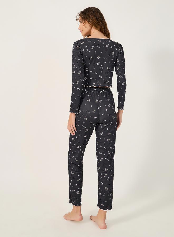 Styli All Over Print Ribbed Top and Pyjama Pants Set with Lettuce Edge Hem  - Image 4