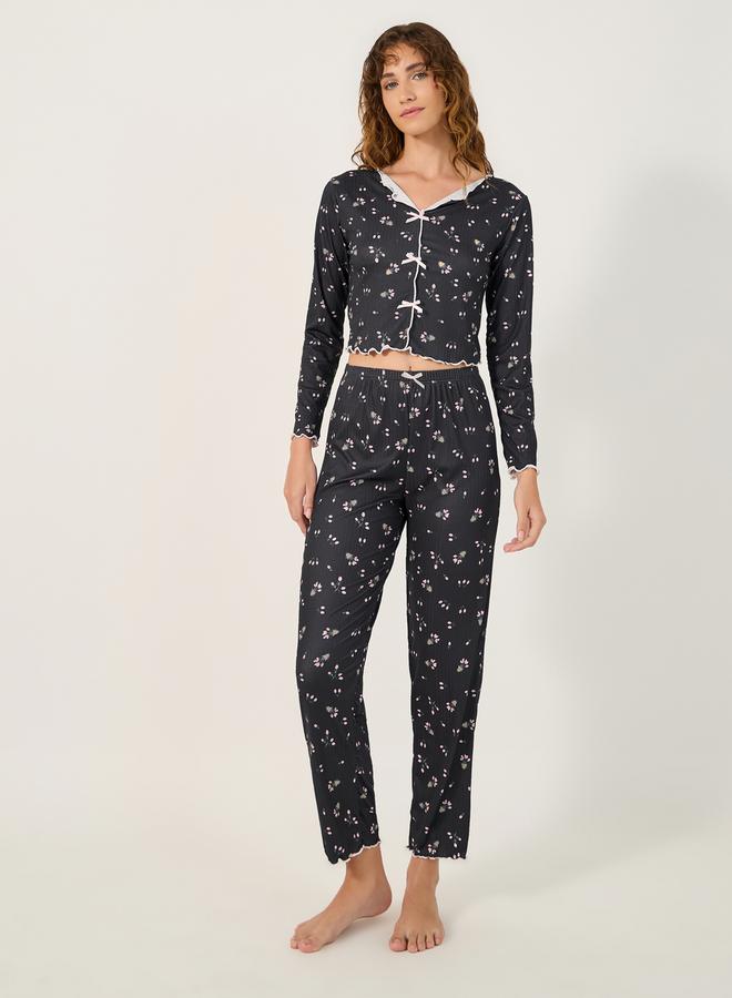 Styli All Over Print Ribbed Top and Pyjama Pants Set with Lettuce Edge Hem  - Image 1