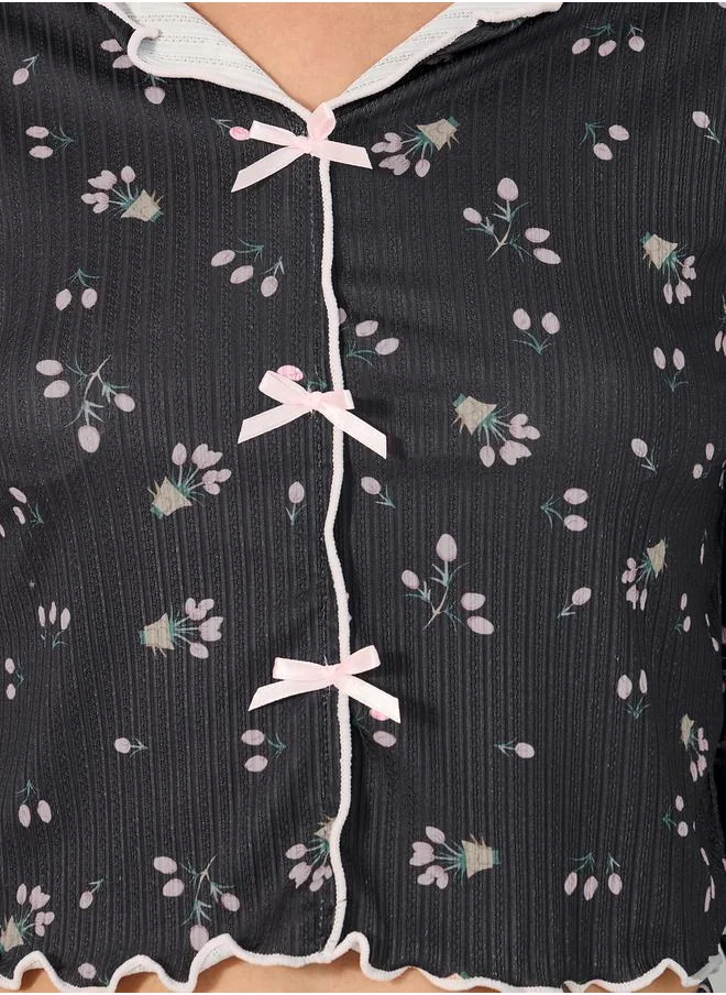 ستايلي All Over Print Ribbed Top and Pyjama Pants Set with Lettuce Edge Hem