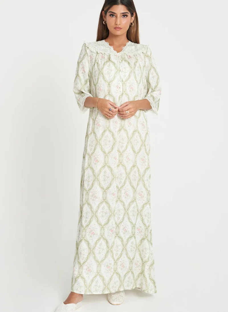 KASHKHA Lace Trim Printed Yoke Nightdress