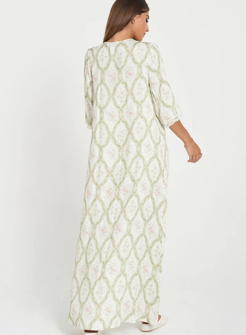 KASHKHA Lace Trim Printed Yoke Nightdress