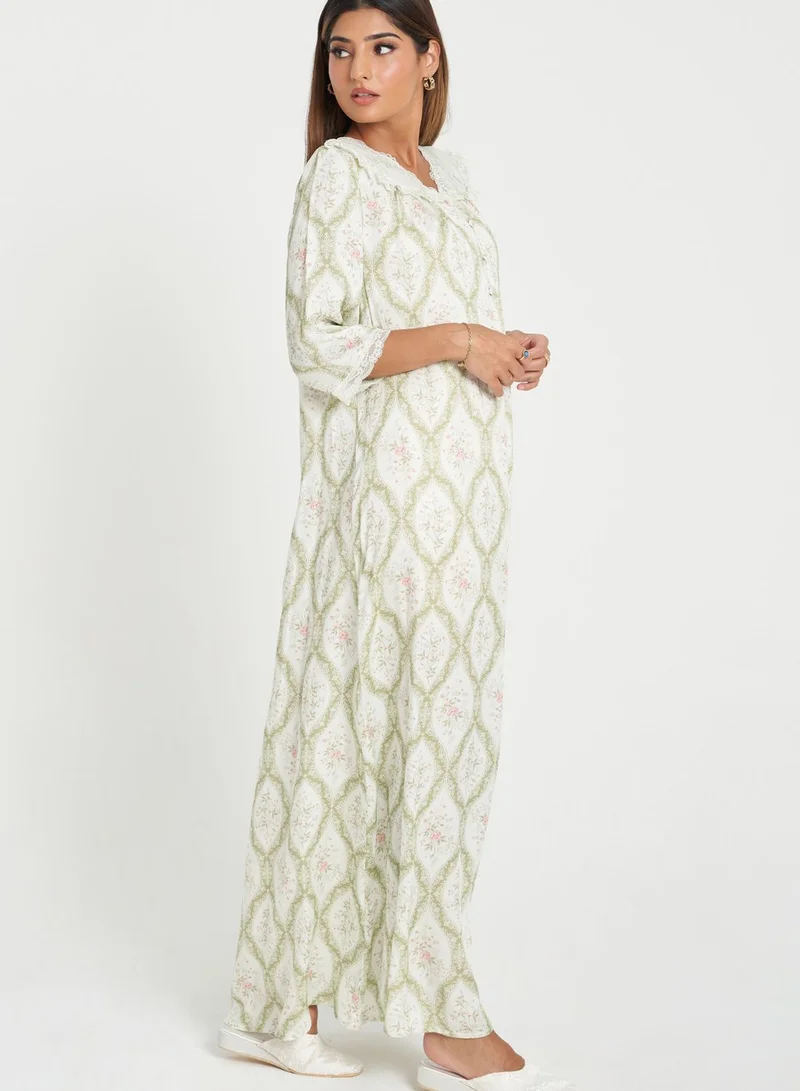 KASHKHA Lace Trim Printed Yoke Nightdress