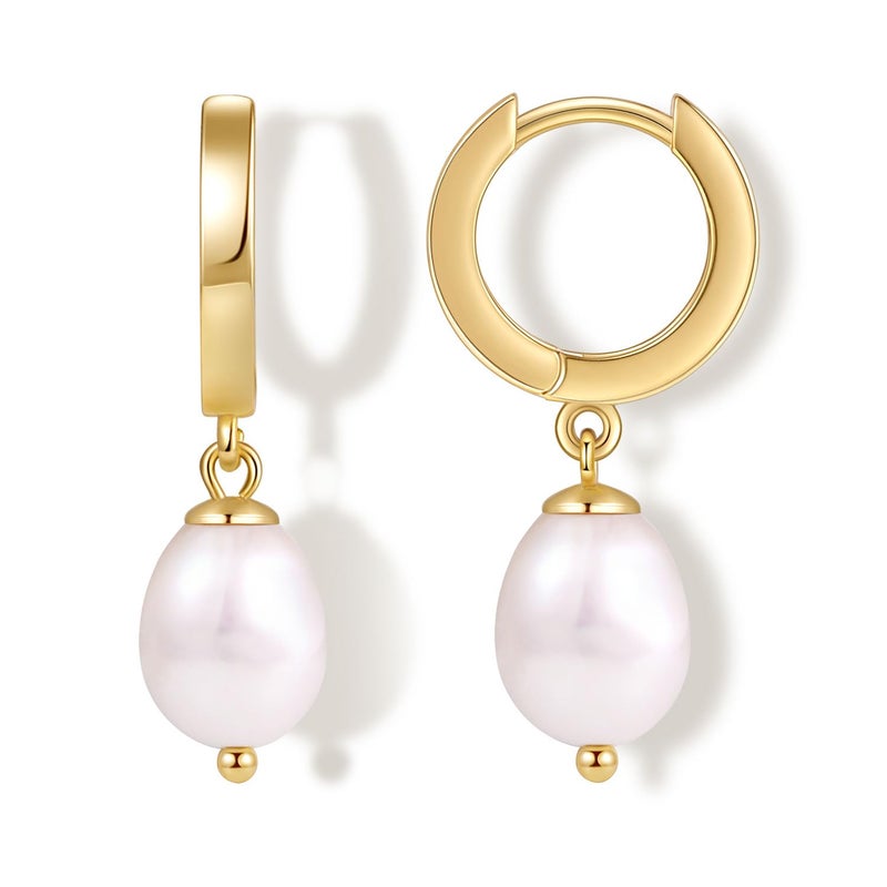 Fiusem Pearl Drop Earrings for Women, 14K Gold Plated Small Hoops and Pearl Dangle Earrings, 10mm Huggie Hoops - Image 1