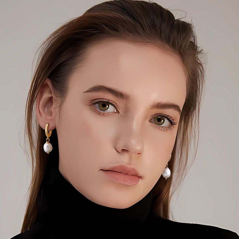 Fiusem Pearl Drop Earrings for Women, 14K Gold Plated Small Hoops and Pearl Dangle Earrings, 10mm Huggie Hoops - Image 3