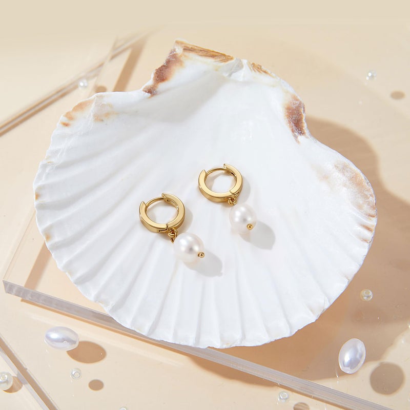 Fiusem Pearl Drop Earrings for Women, 14K Gold Plated Small Hoops and Pearl Dangle Earrings, 10mm Huggie Hoops - Image 5