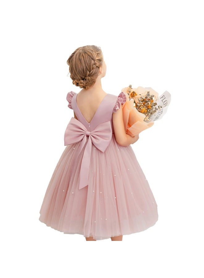 KAQININI Flower Girl Dress Wedding Guest Ruffle Tulle Satin Party Birthday Princess Dresses Pageant Gown Kids Short, Blush Pink, 6-9 Months - Image 1