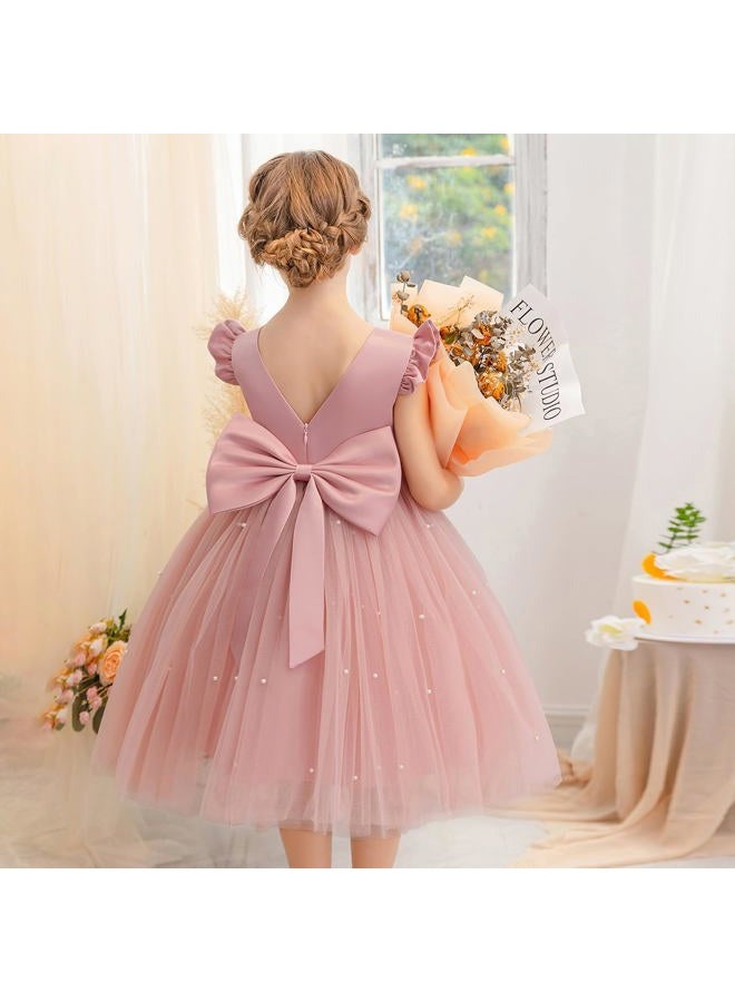 KAQININI Flower Girl Dress Wedding Guest Ruffle Tulle Satin Party Birthday Princess Dresses Pageant Gown Kids Short, Blush Pink, 6-9 Months - Image 2