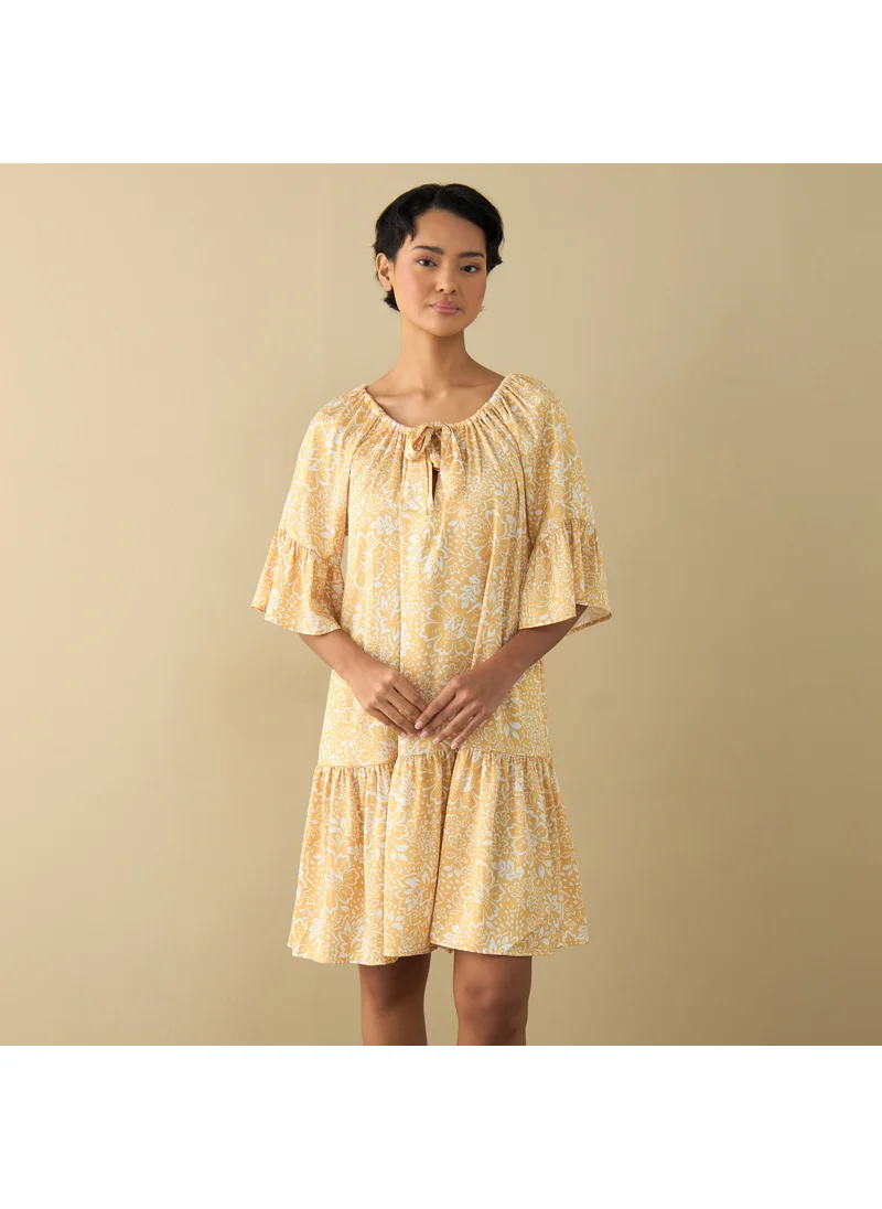 FAV All-Over Floral Print Satin Night Dress with Extended Sleeves