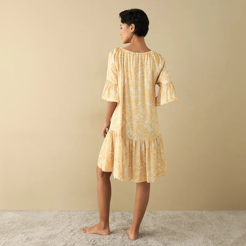 Splash FAV All-Over Floral Print Satin Night Dress with Extended Sleeves