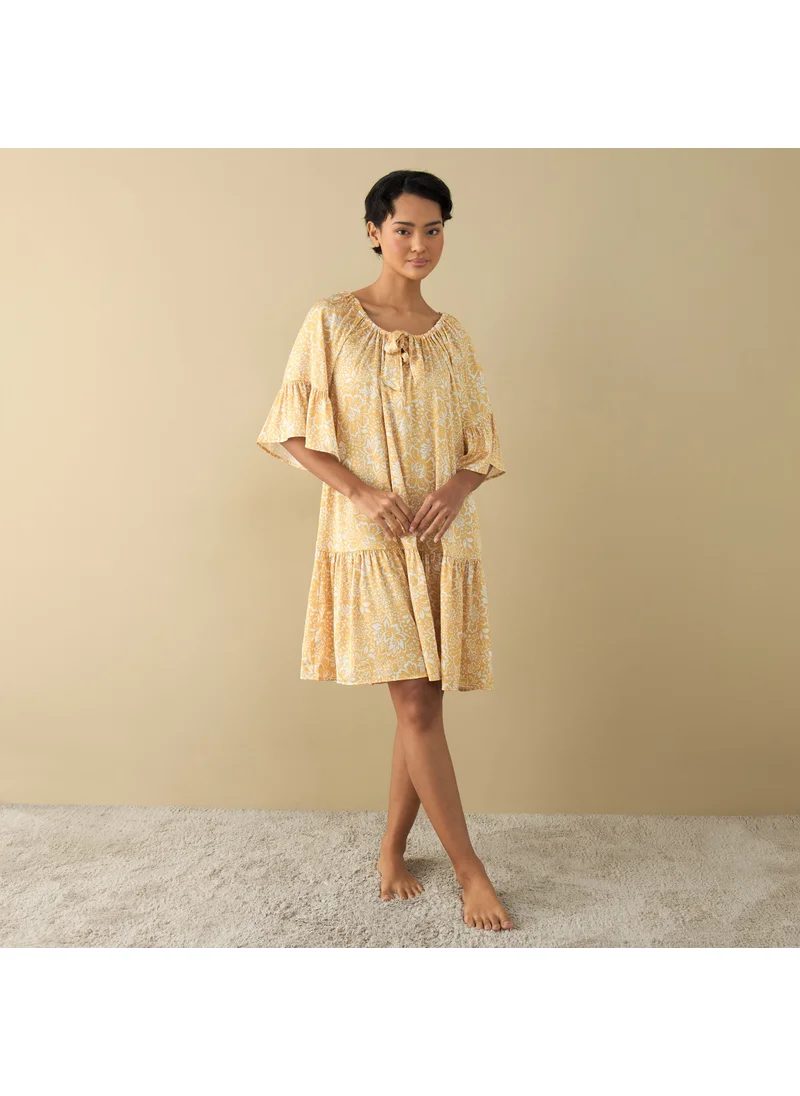 FAV All-Over Floral Print Satin Night Dress with Extended Sleeves