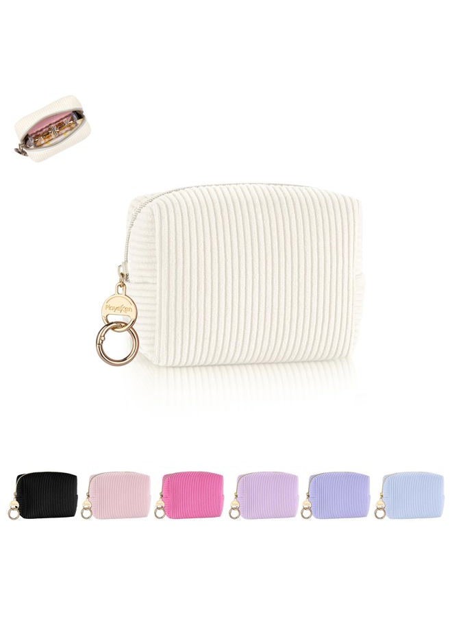 Playexen Mini Makeup Bag, Corduroy Small Cosmetic Bag for Purse with Ring Buckle, Portable Travel Makeup Pouch for Lipsticks, Chapsticks, Coin, Earphone, Credit Card (Beige) - Image 1