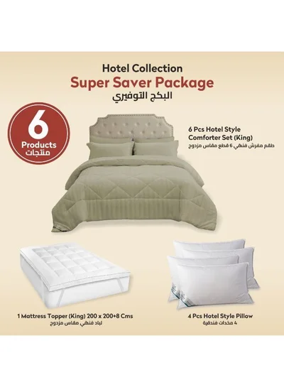 Donetella Hotel Style Super Saver Package -6 Pcs Comforter Set Grey +Mattress Topper + 4 Pillows ,King Size.