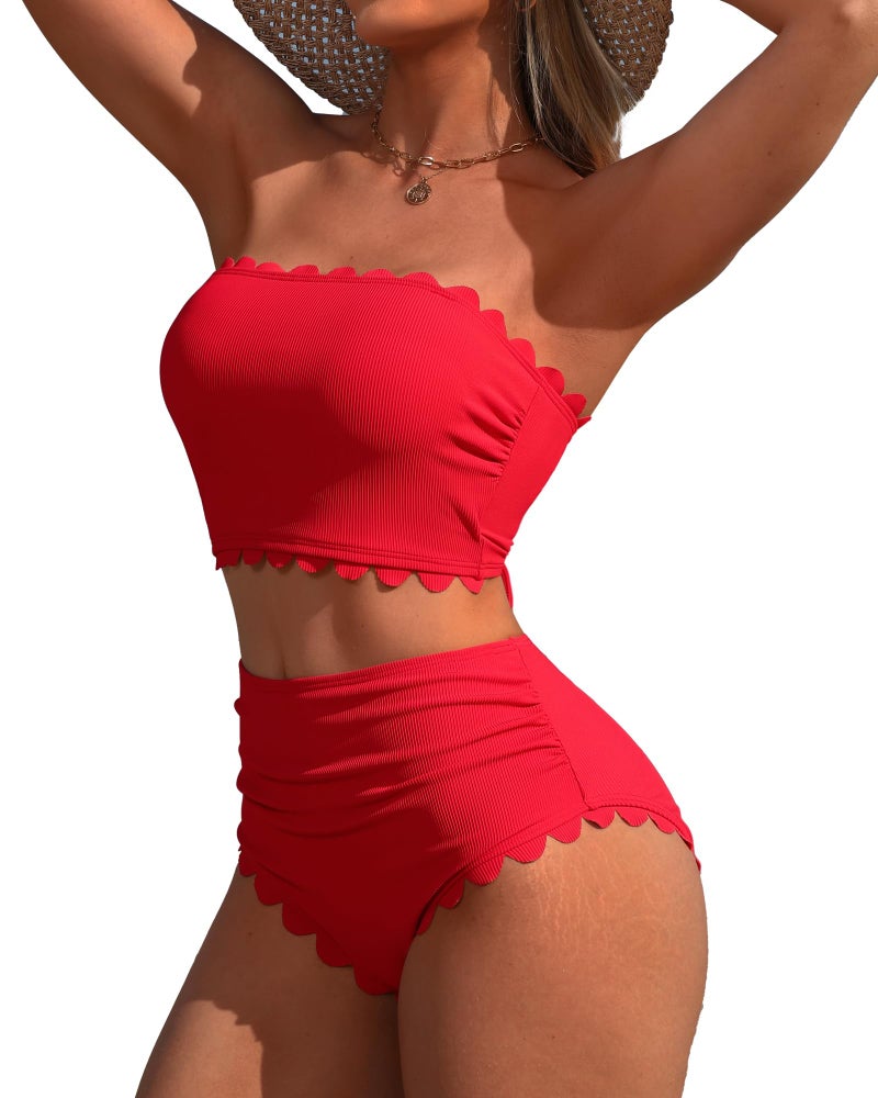 Charmo Strapless High Waisted Bikini Sets for Women Tummy Control Scallop Bandeau Swimsuit Two Piece Bathing Suit Red M - Image 1