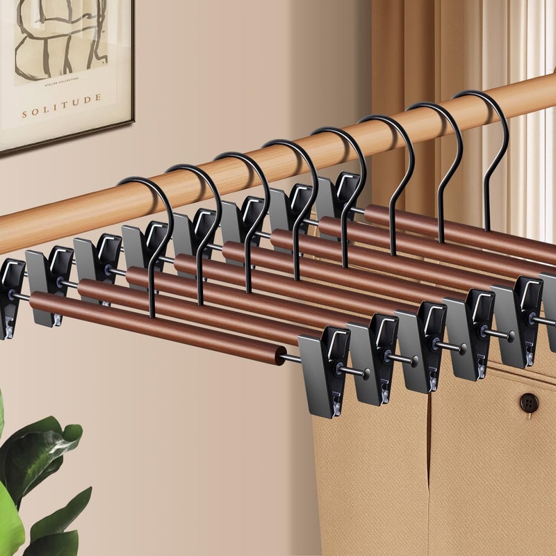 HWAJAN Wooden Pants Hangers with Clips 20 Pack Adjustable Wood Skirt Hangers for Women&Men Space Saving Closet Non Slip Clothes Hanger for Jeans,Trousers,Short,12Inch Brown - Image 2