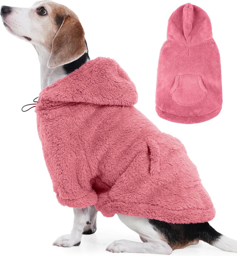 أيدوميك كنزة كلب فروية IDOMIK مع غطاء رأس قابل للتعديل، كنزة صوفية دافئة للكلاب مع فتحة للحزام وجيب، كنزة بدون أكمام للكلاب الكبيرة، قميص بغطاء رأس فروي لفصل الخريف والشتاء وعيد الميلاد، وردي، XL - Image 1