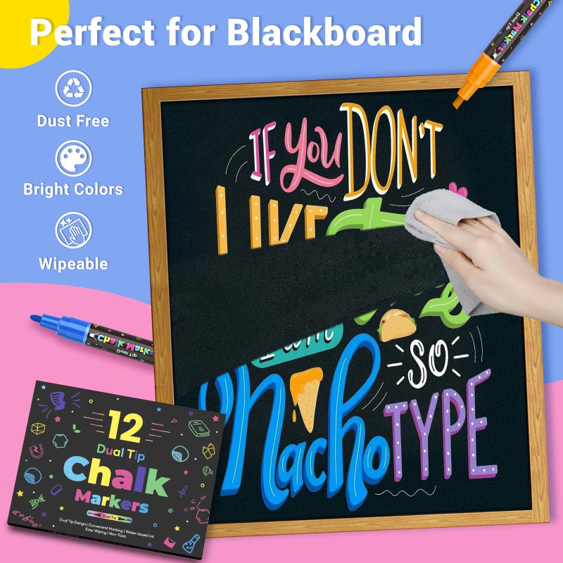 SAKEYR 12 Dual Tip Liquid Chalk Markers - Erasable Marker Pens for Blackboard, Chalkboard Signs, Glass, Chalk Pens Wet Erase Makers for Bar Menu, School,Wedding Sign, Just Married Car Windows Decorations - Image 4