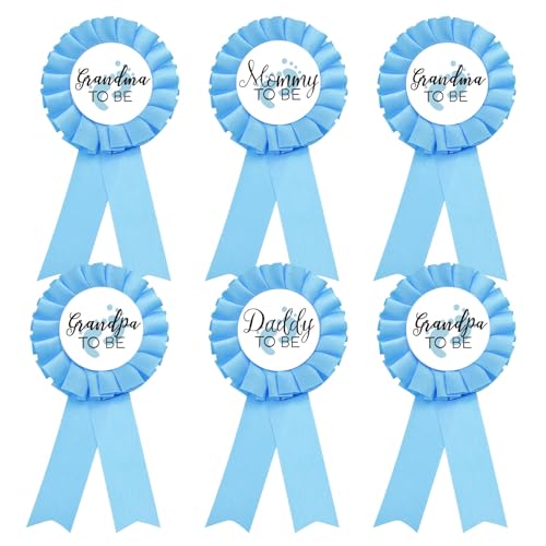 GDTO8820 1 Mommy to be Tinplate Badge Pin for BOY 1 Daddy to be 2 Badges for Grandmas to be 2 Badges for Grandpas to be Baby Shower Button New Mom Gifts Gender Reveals Party Blue Rosette BLUE - Image 1