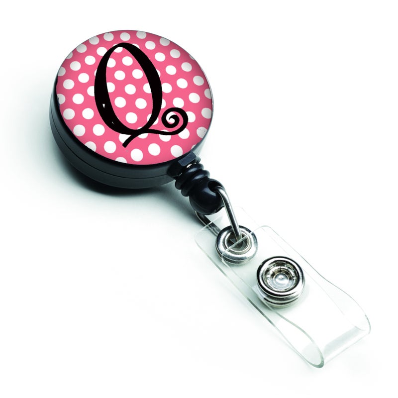 ""Caroline's Treasures Letter Q Monogram  Pink Black Polka Dots Retractable Badge Reel  Multicolor (CJ1001-QBR)""
