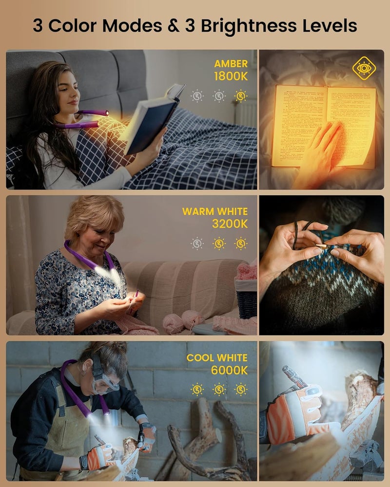 Glocusent Upgraded LED Neck Reading Light, Book Light for Reading in Bed, 30-min Timer, 3 Colors & 3 Brightness Adjustable, Rechargeable & Long Lasting, Perfect for Reading, Knitting - Image 3