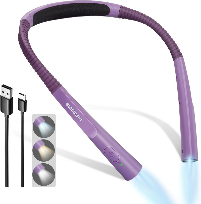 Glocusent Upgraded LED Neck Reading Light, Book Light for Reading in Bed, 30-min Timer, 3 Colors & 3 Brightness Adjustable, Rechargeable & Long Lasting, Perfect for Reading, Knitting - Image 1
