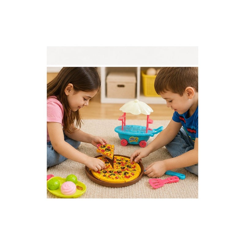 Pizza Toy Playset for Kids, Pretend Play Food Cutting Set with Pizza Cart and Accessories - Image 4