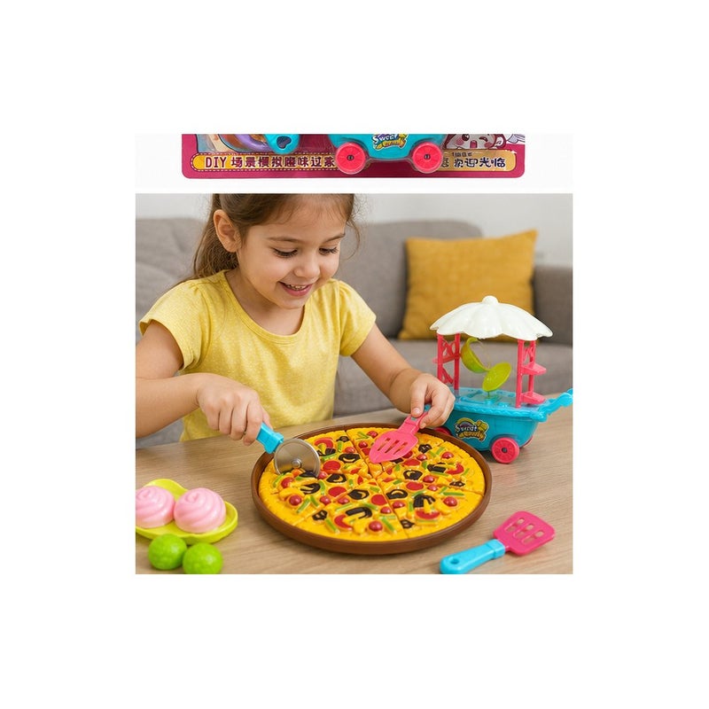 Pizza Toy Playset for Kids, Pretend Play Food Cutting Set with Pizza Cart and Accessories - Image 3